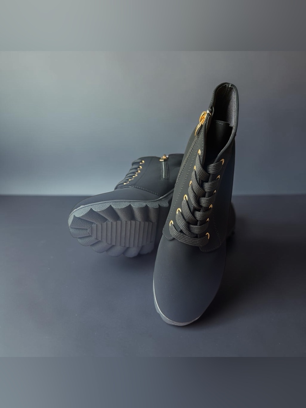 Women's Black Lace-Up Platform Ankle Boots with Gold Accents